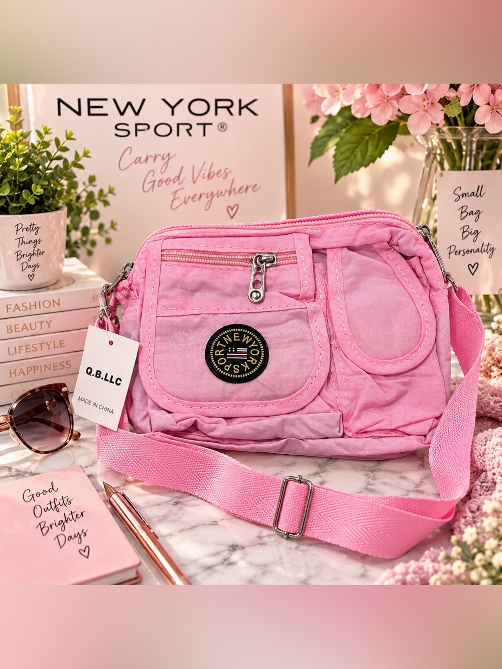 NWT New York Sport Pink Crossbody /Belt Bag Adjustable Strap Multiple Pockets